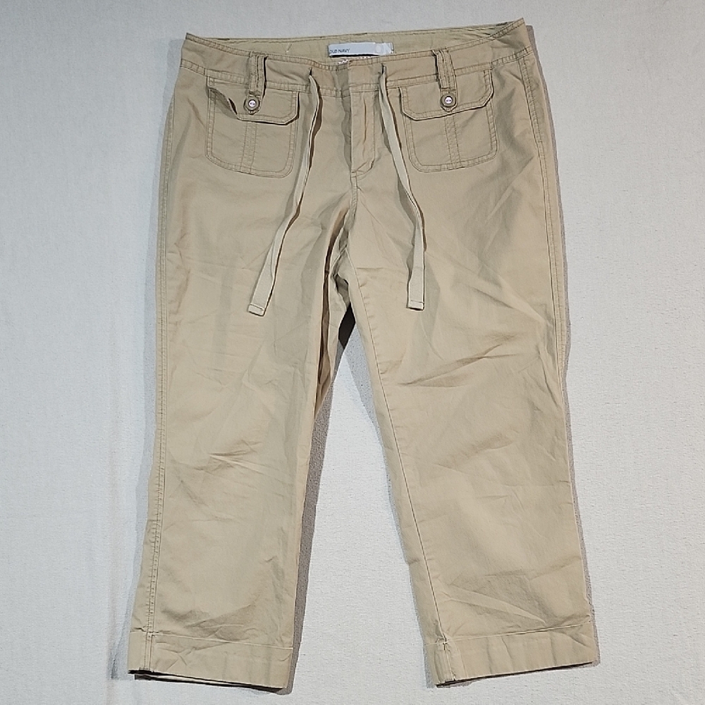 Old Navy Y2K Tan Chinos Capri Mid‎ Rise Pants Flap Front Button Drawstring 12